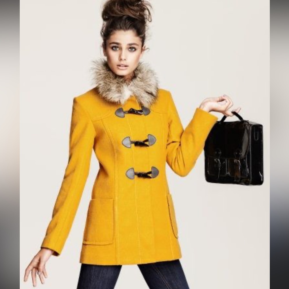 H&M Yellow Trench Coat with Faux Fur Collar
